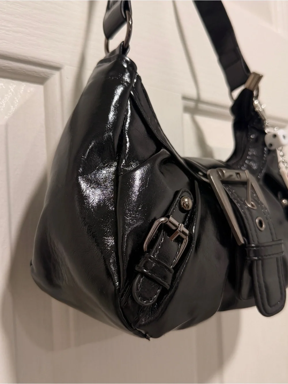 Black Patent Shoulder Bag with Decorative Buckle